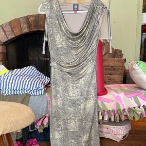 Vince Camuto Metallic Gold Cowl Neck Midi Dress